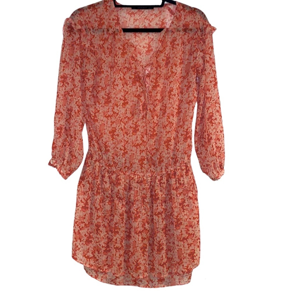 Zara Sheer Floral Tie Neck Ruffle Dress Orange/Cream Size XS